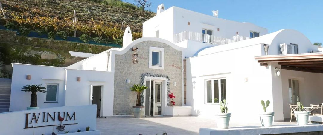 The Lavinum hotel's whitewashed Mediterranean-style exterior features curved architectural elements, stone accents, and manicured landscaping with potted plants and cacti.